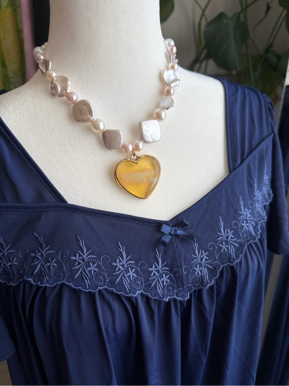 Essentials Navy Blue Women's Nightgown with Embroidered Yoke - Picture 3 of 4